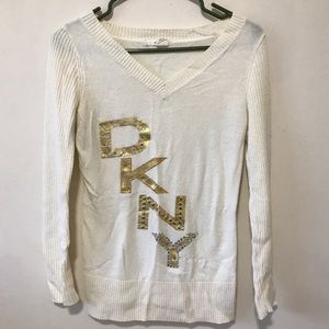 DKNY Jeans Cream Sweater w/ Gold Embellished Logo